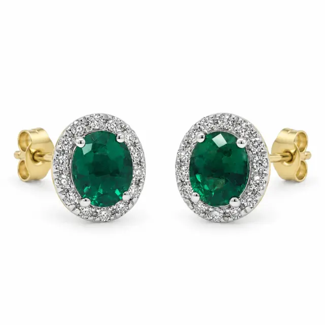 9ct Yellow Gold Created Emerald & Natural Diamond Halo Stud Earrings - CYE1898EM