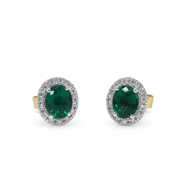 9ct Yellow Gold Created Emerald & Natural Diamond Halo Stud Earrings - CYE1898EM