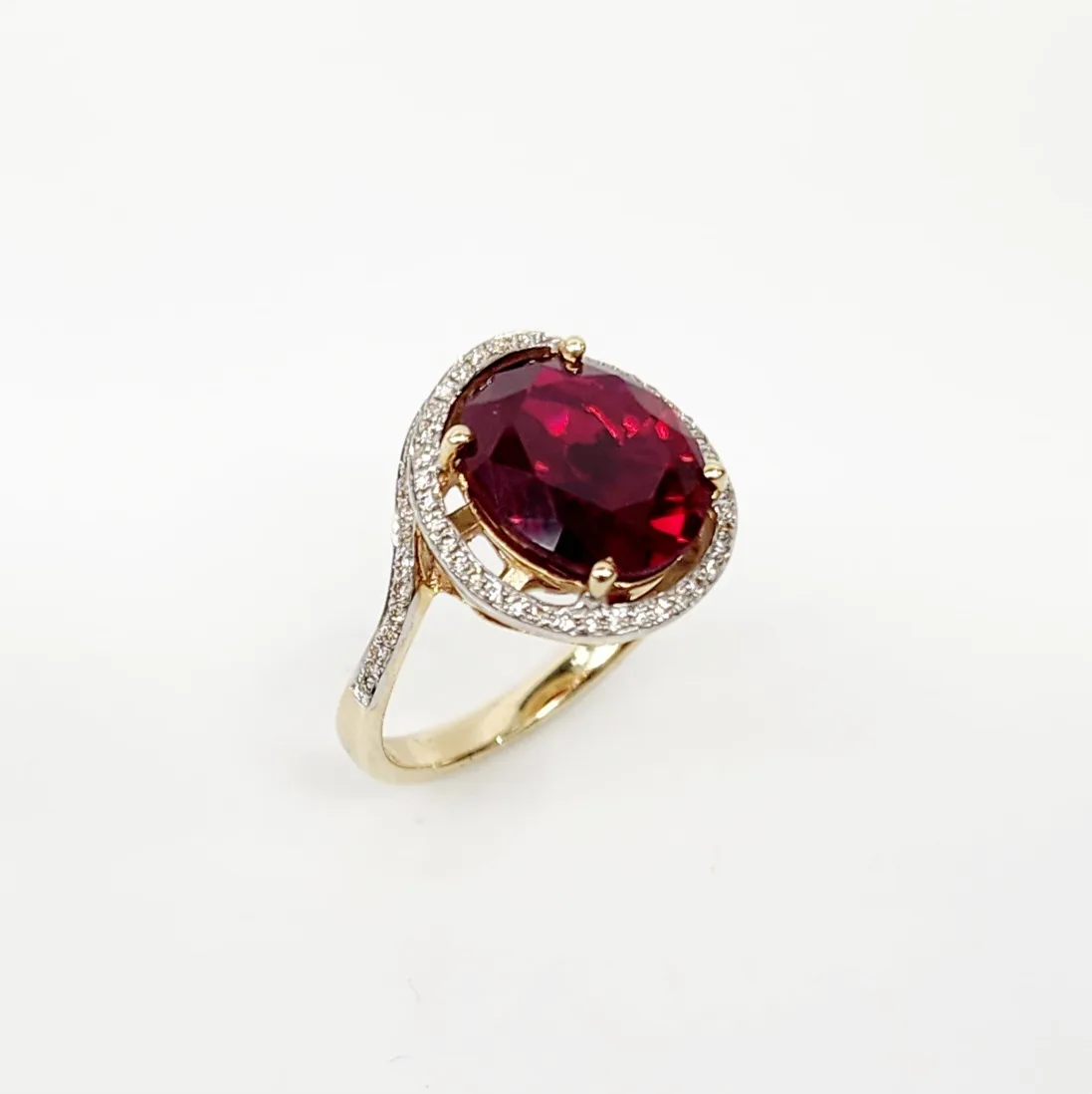 9ct Yellow Gold Created Oval Ruby with Natural Diamonds Ring