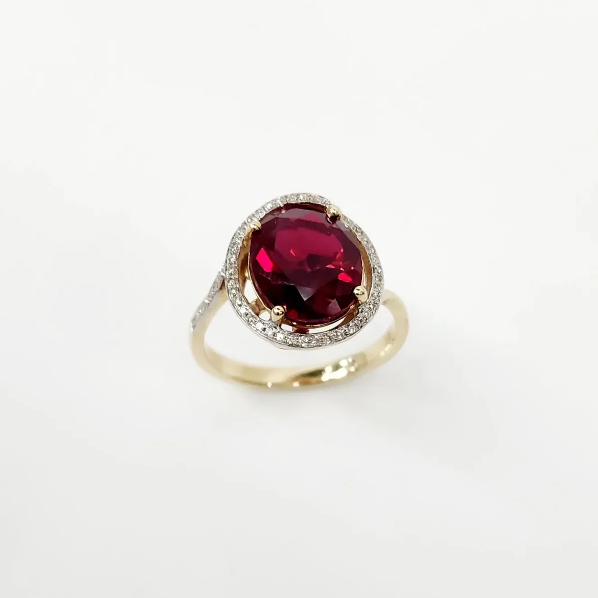 9ct Yellow Gold Created Oval Ruby with Natural Diamonds Ring