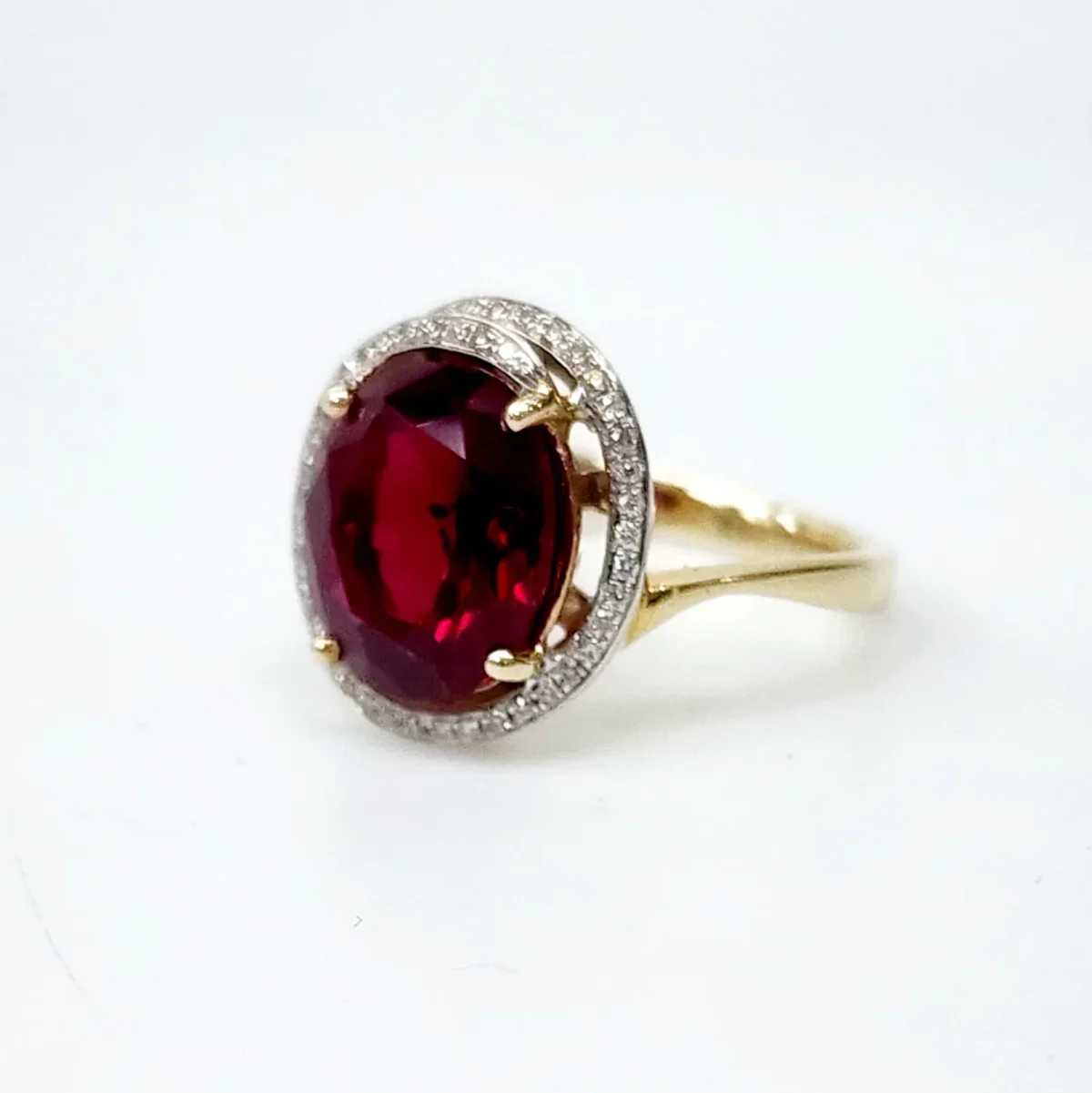 9ct Yellow Gold Created Oval Ruby with Natural Diamonds Ring