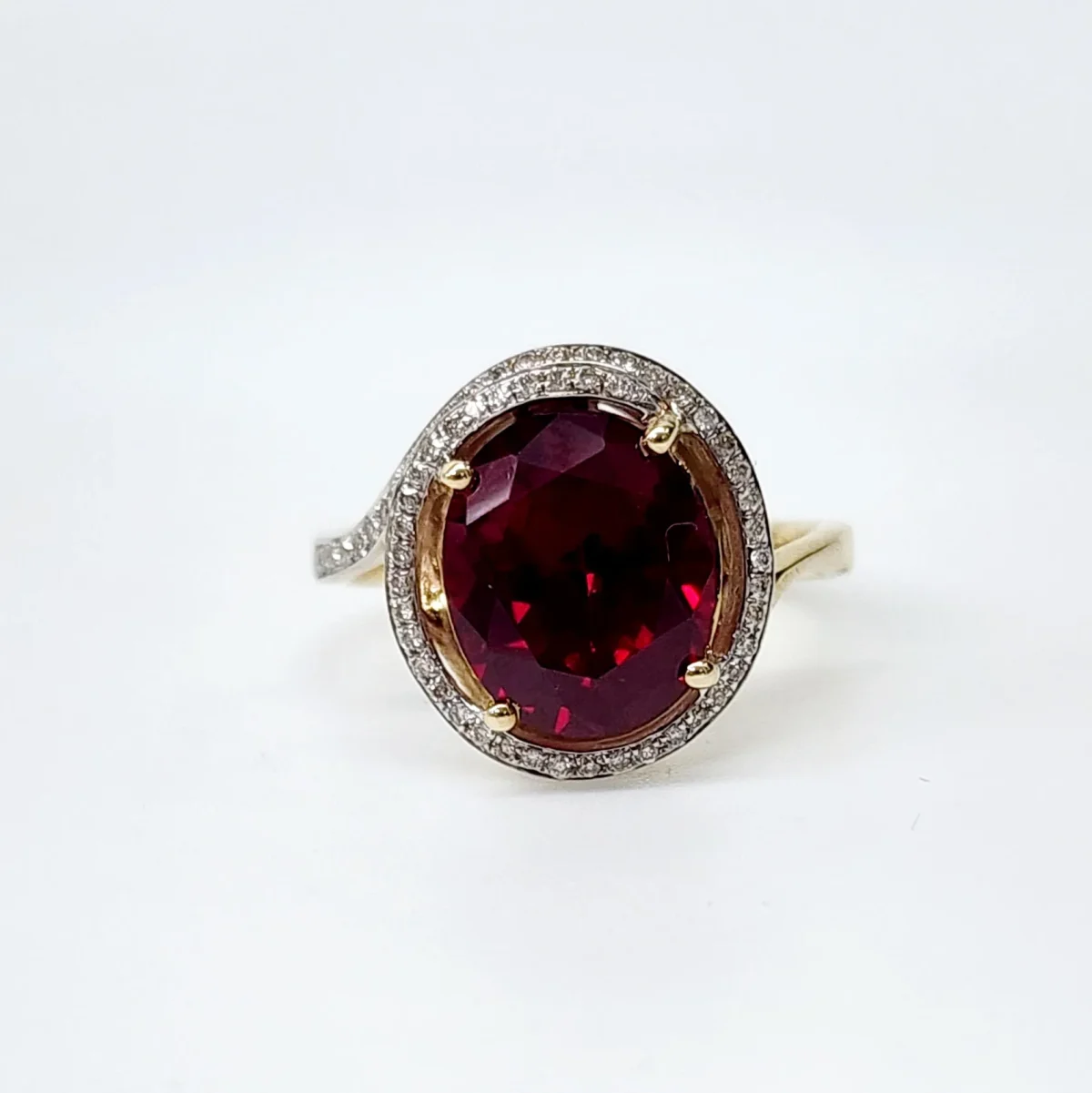 9ct Yellow Gold Created Oval Ruby with Natural Diamonds Ring