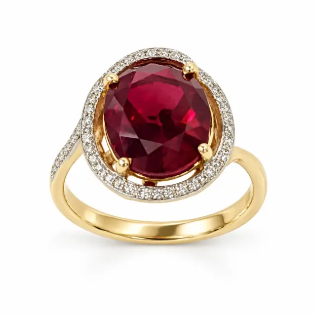 9ct Yellow Gold Created Oval Ruby with Natural Diamonds Ring
