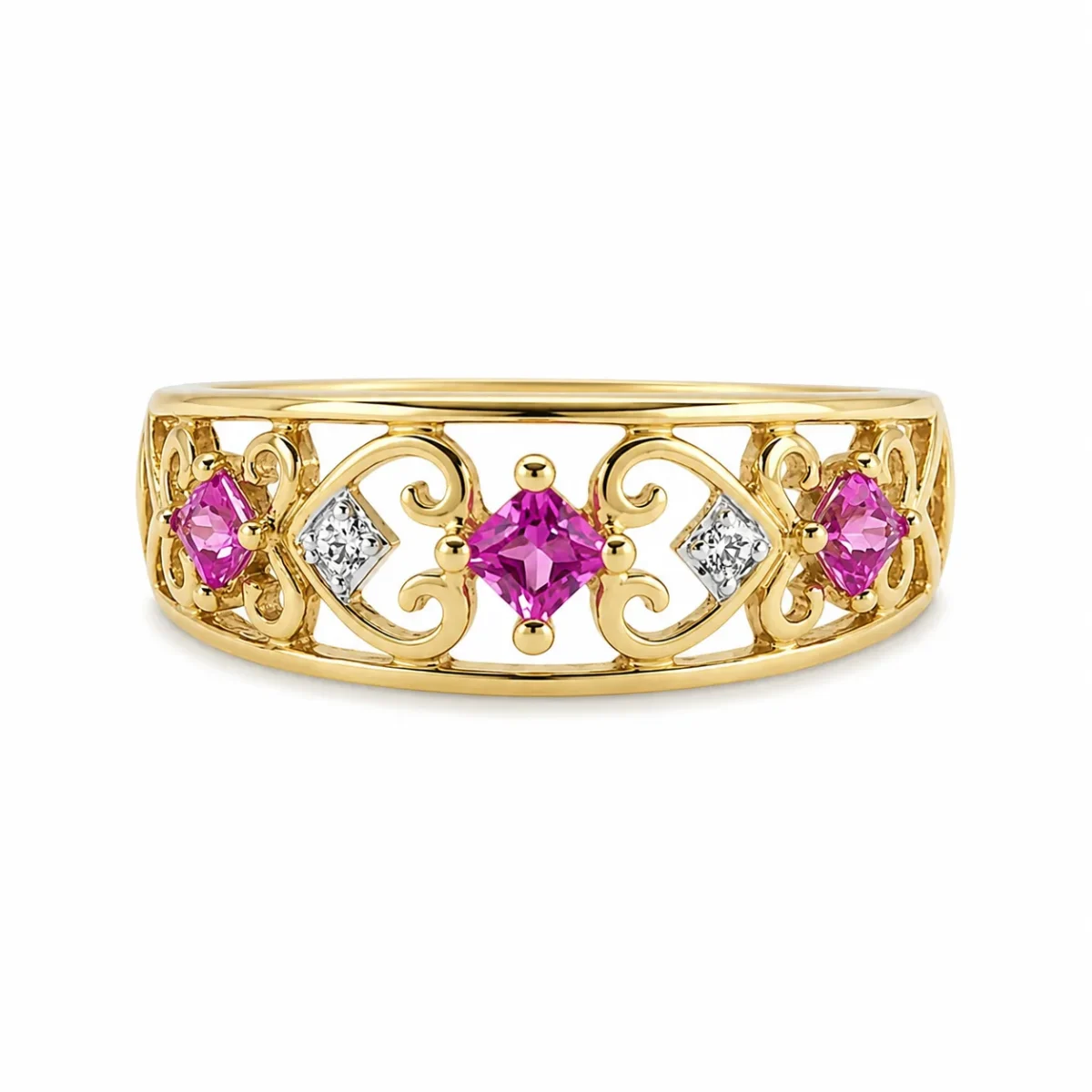 9ct Yellow Gold Created Pink Sapphire & Natural Diamond Openwork Dress Ring - D7557PS