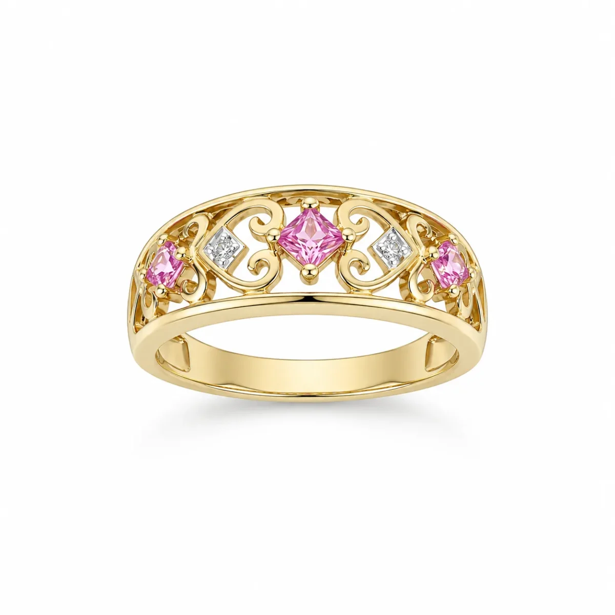 9ct Yellow Gold Created Pink Sapphire & Natural Diamond Openwork Dress Ring - D7557PS