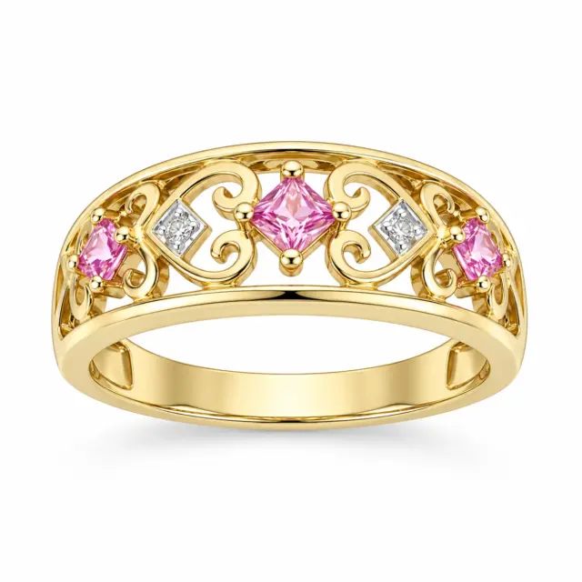 9ct Yellow Gold Created Pink Sapphire & Natural Diamond Openwork Dress Ring - D7557PS
