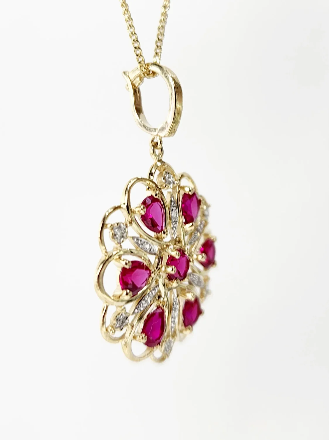 9ct Yellow Gold Created Ruby & Natural Diamond Flower Pendant