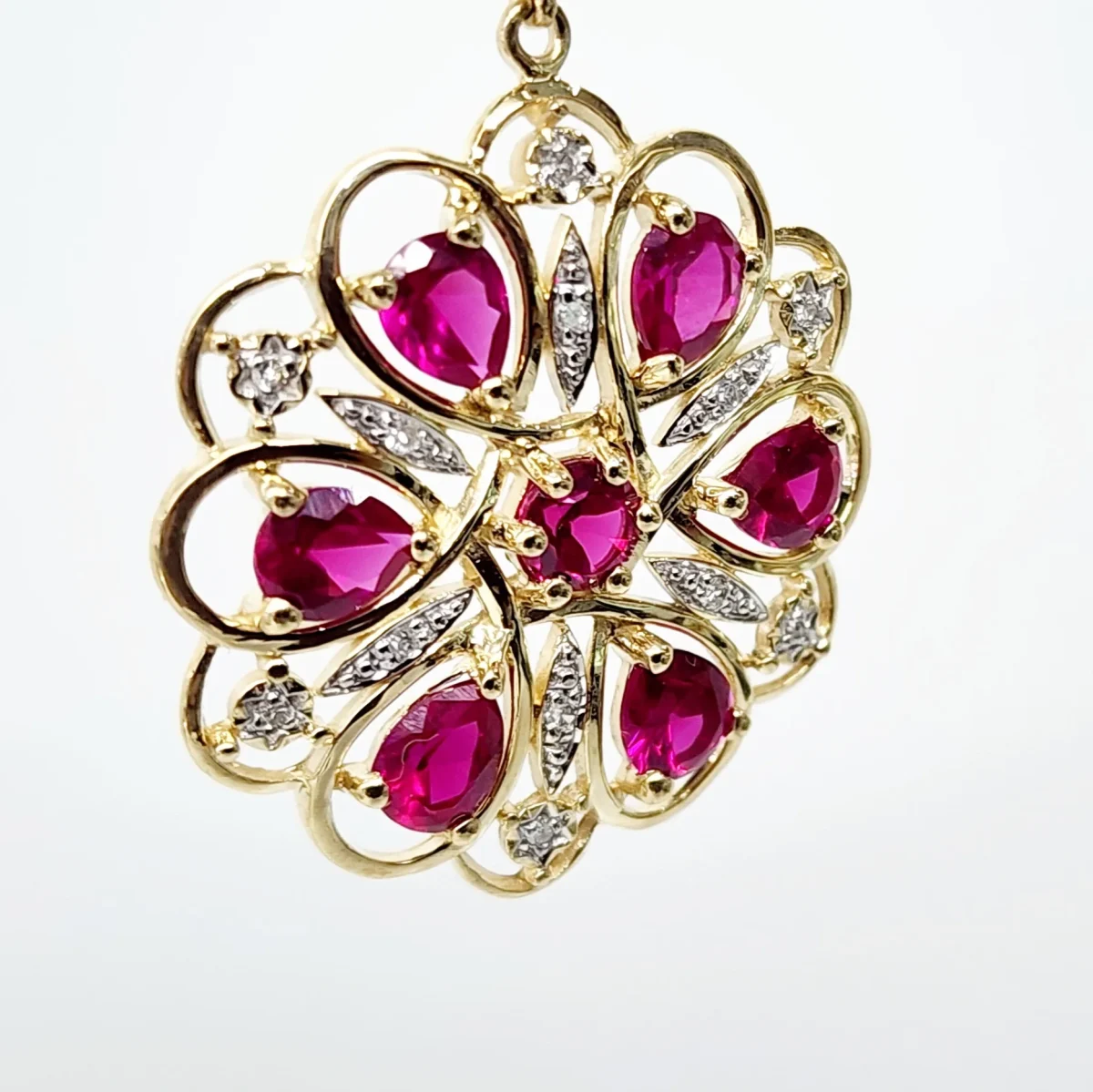 9ct Yellow Gold Created Ruby & Natural Diamond Flower Pendant