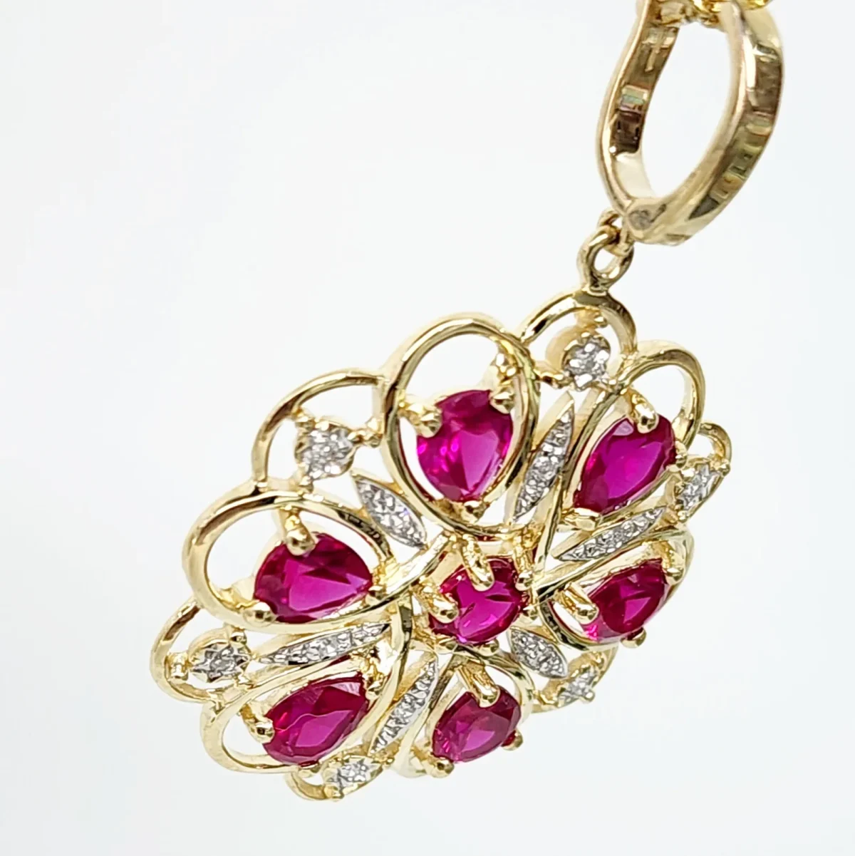9ct Yellow Gold Created Ruby & Natural Diamond Flower Pendant