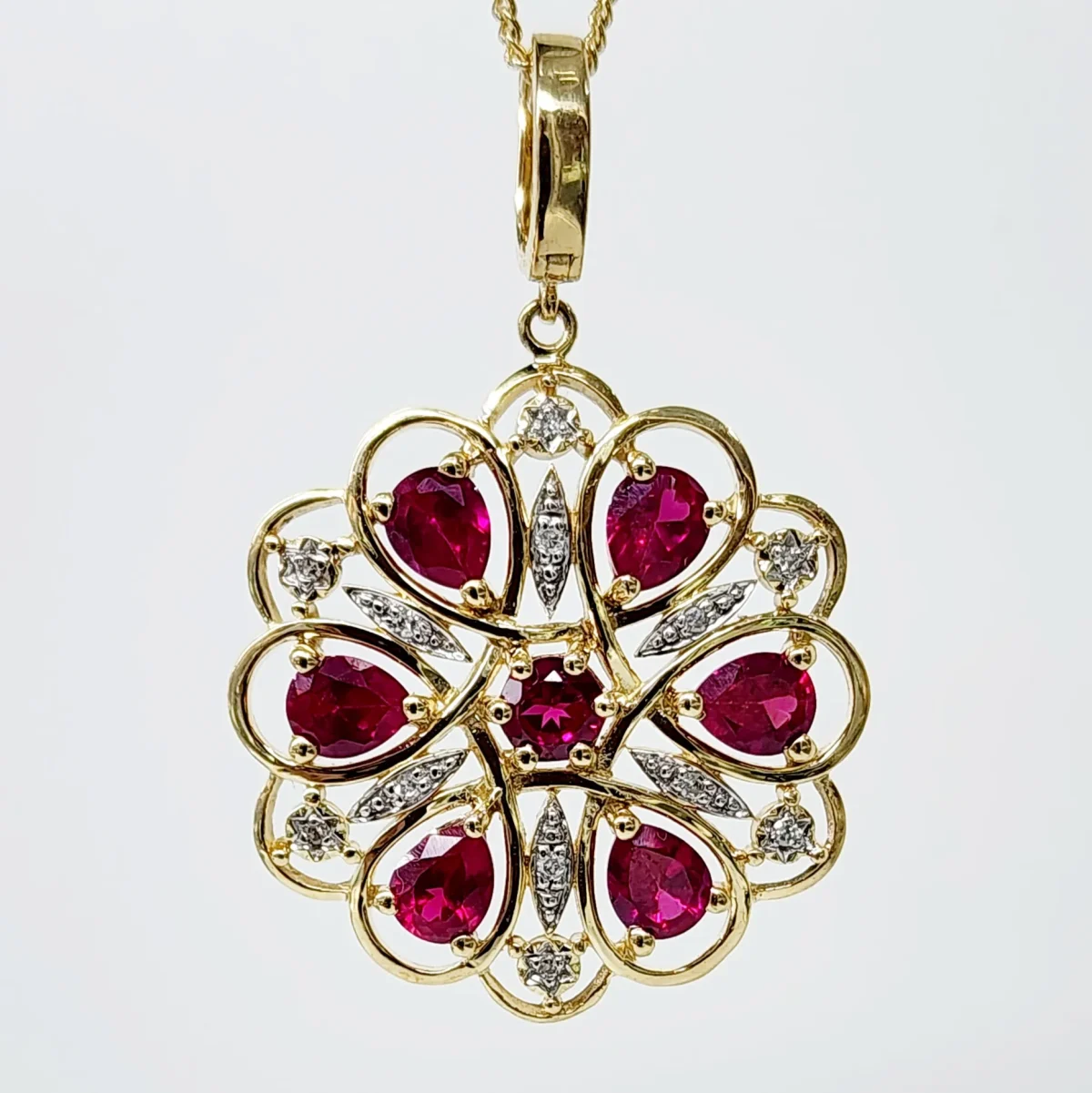 9ct Yellow Gold Created Ruby & Natural Diamond Flower Pendant