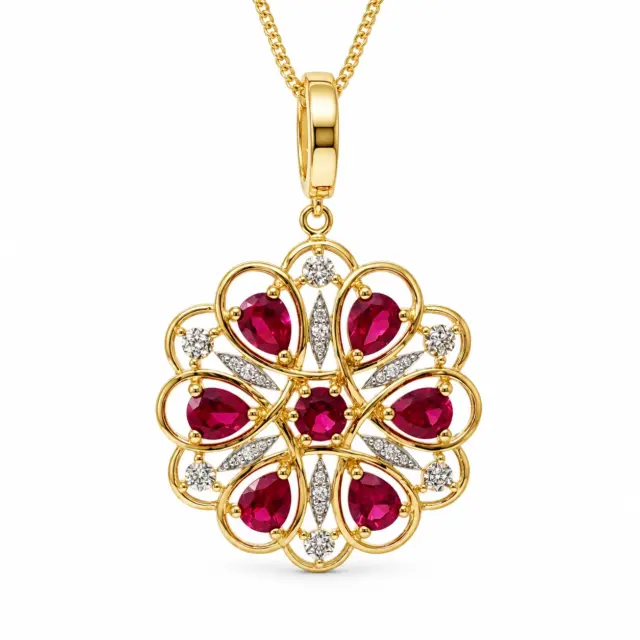 9ct Yellow Gold Created Ruby & Natural Diamond Flower Pendant