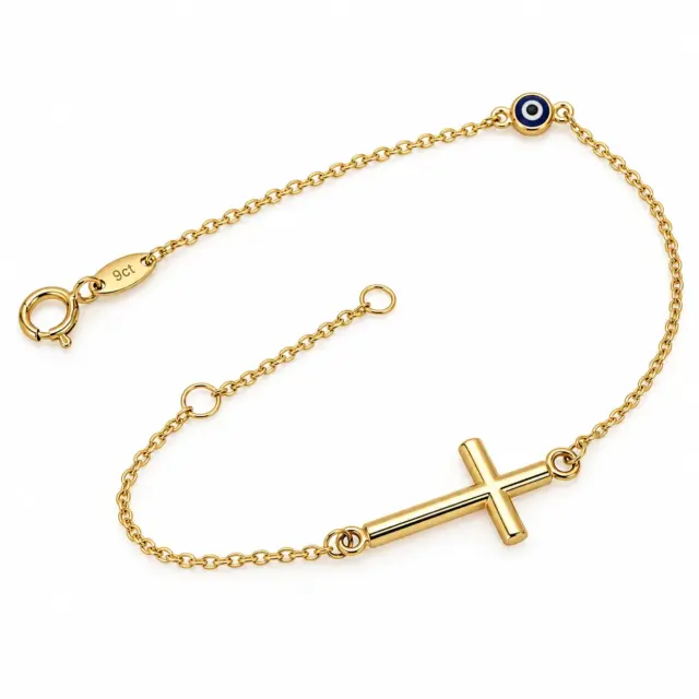 9ct Yellow Gold Cross & Evil Eye Adjustable Bracelet 18.5cm - 1930.9BR