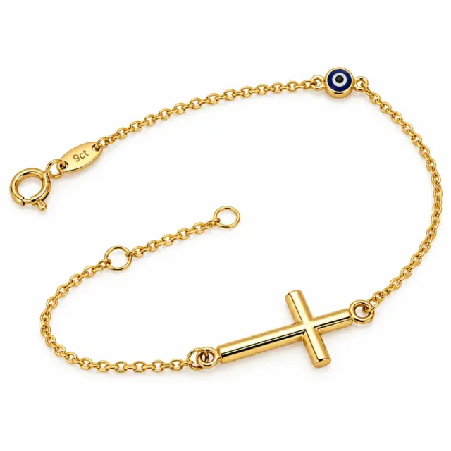 9ct Yellow Gold Cross & Evil Eye Adjustable Bracelet 18.5cm - 1930.9BR