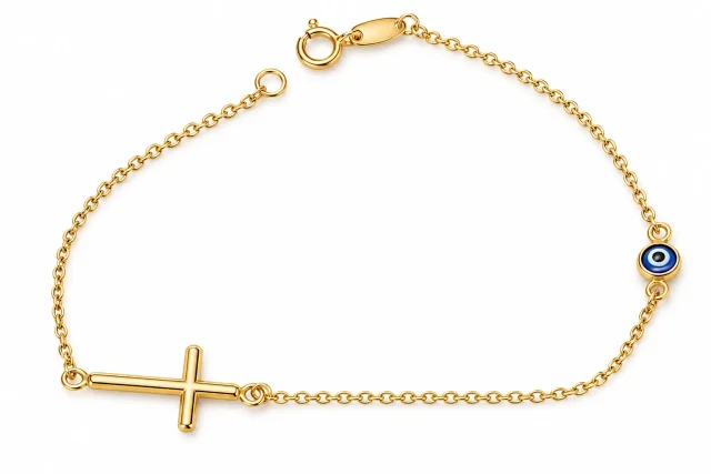 9ct Yellow Gold Cross & Evil Eye Adjustable Bracelet 18.5cm - 1930.9BR