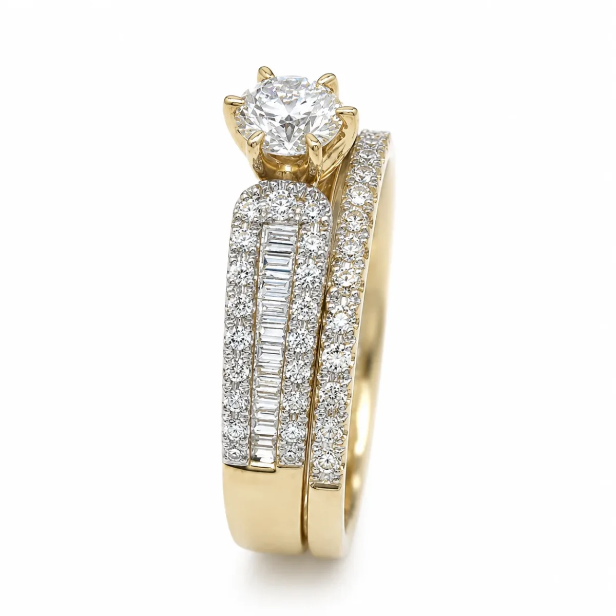 9ct Yellow Gold Cubic Zirconia 2 Piece Bridal Wedding Ring Set – Round & Baguette Cut CZ - 9CTCYR2900AB