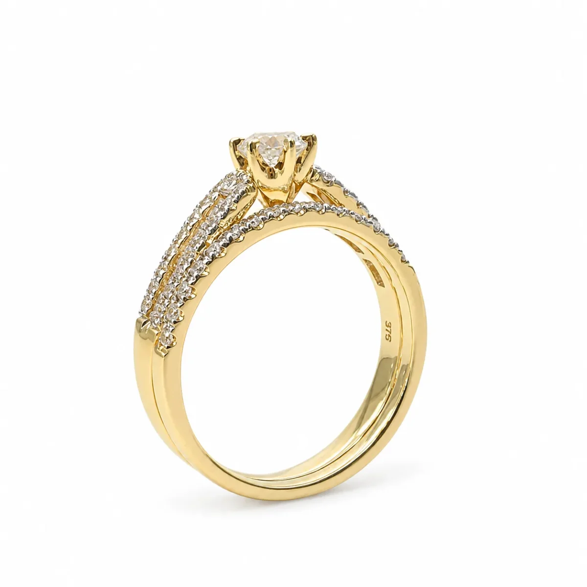 9ct Yellow Gold Cubic Zirconia 2 Piece Bridal Wedding Ring Set – Round & Baguette Cut CZ - 9CTCYR2900AB
