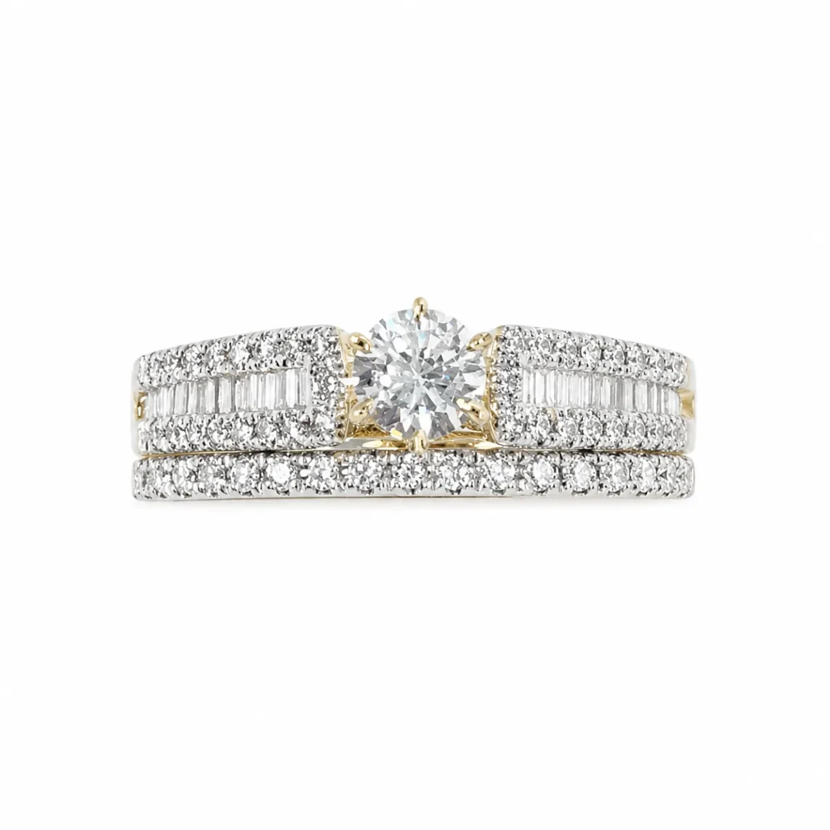 9ct Yellow Gold Cubic Zirconia 2 Piece Bridal Wedding Ring Set – Round & Baguette Cut CZ - 9CTCYR2900AB