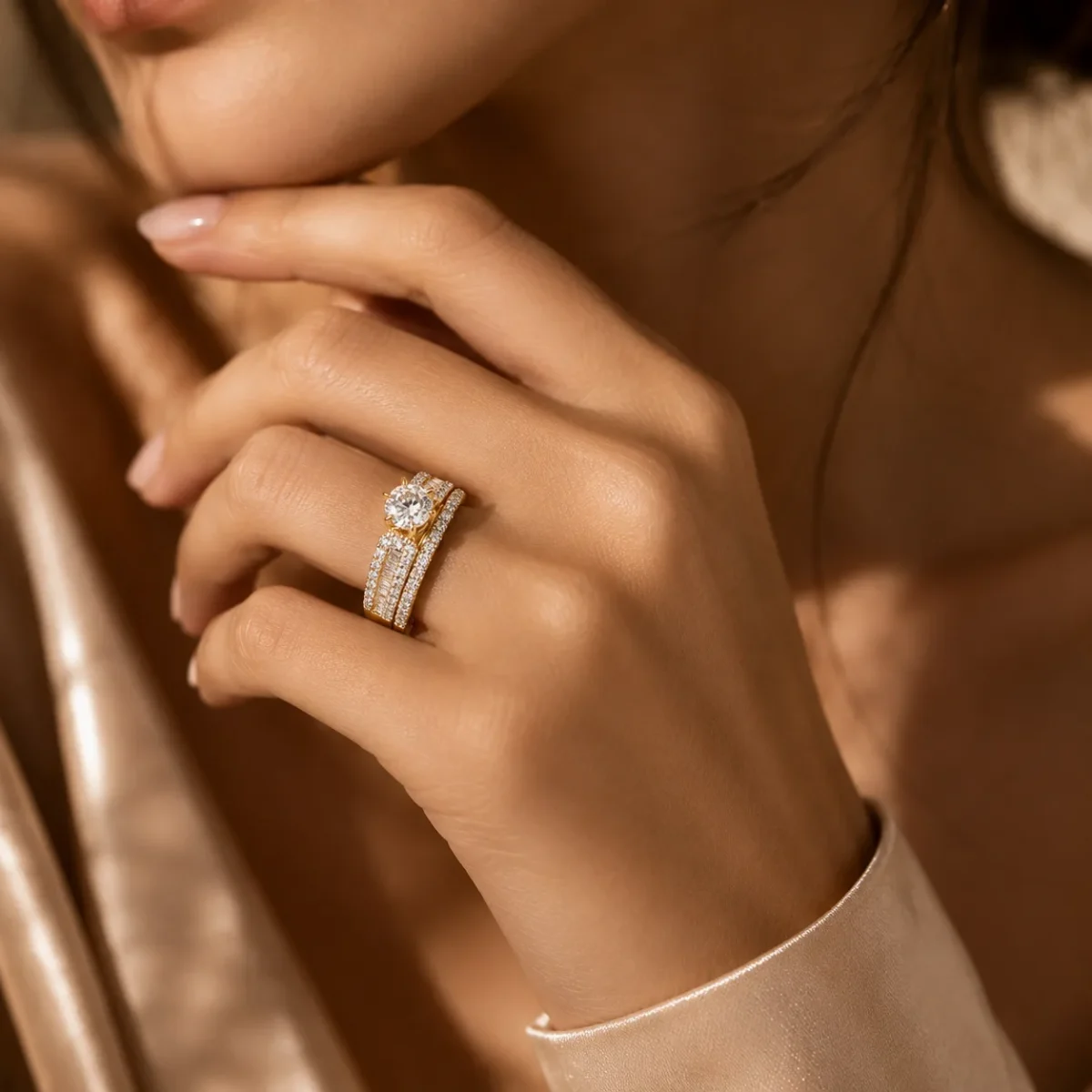 9ct Yellow Gold Cubic Zirconia 2 Piece Bridal Wedding Ring Set – Round & Baguette Cut CZ - 9CTCYR2900AB