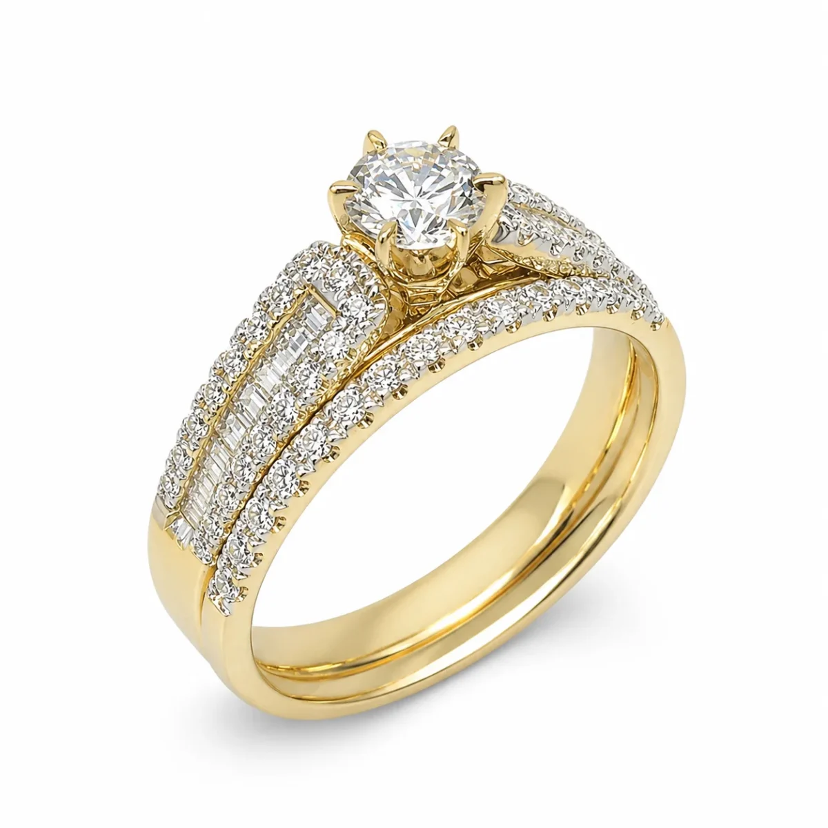 9ct Yellow Gold Cubic Zirconia 2 Piece Bridal Wedding Ring Set – Round & Baguette Cut CZ - 9CTCYR2900AB