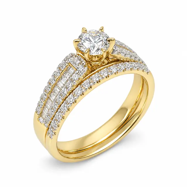 9ct Yellow Gold Cubic Zirconia 2 Piece Bridal Wedding Ring Set – Round & Baguette Cut CZ - 9CTCYR2900AB