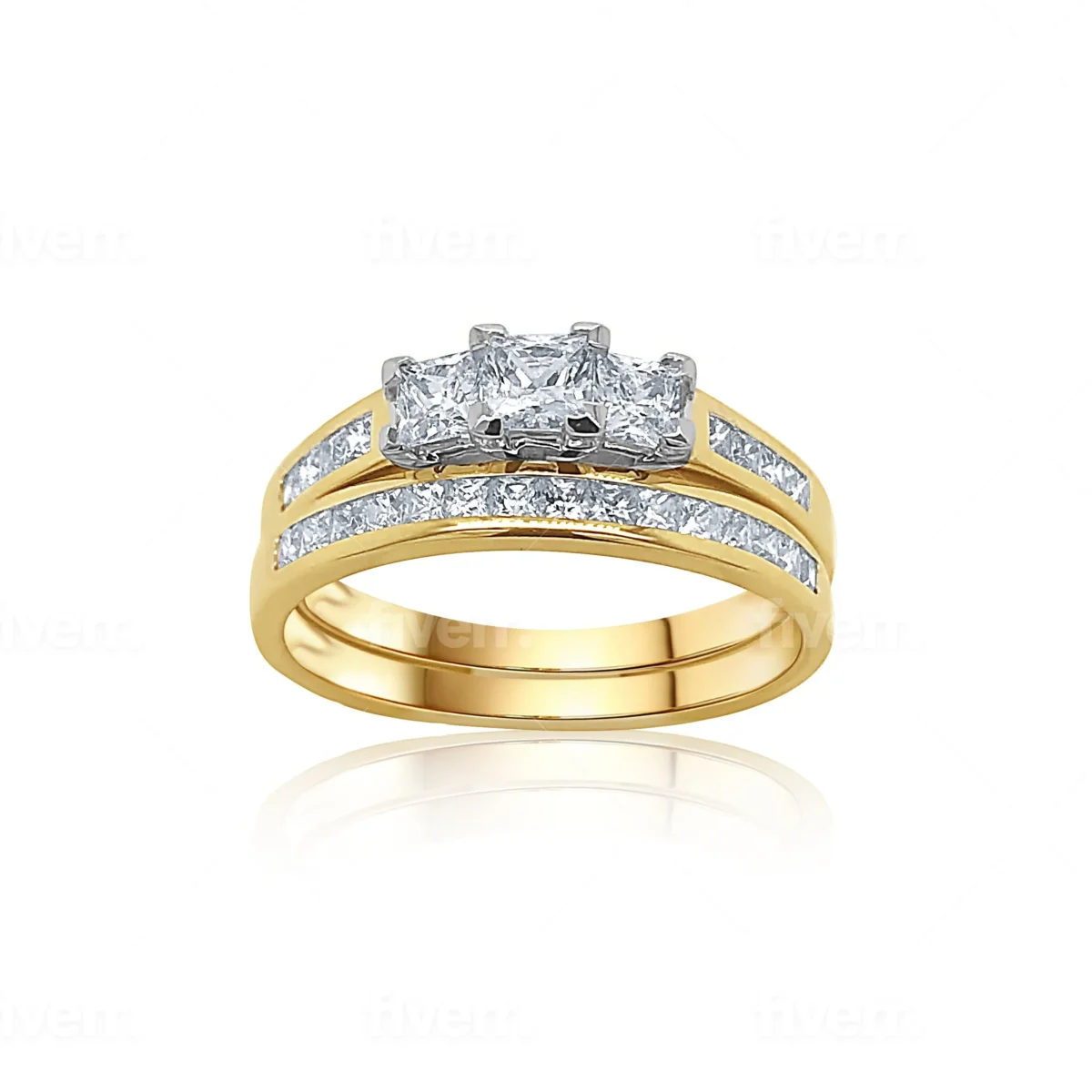 9ct Yellow Gold Cubic Zirconia Princess Cut Bridal Ring Set