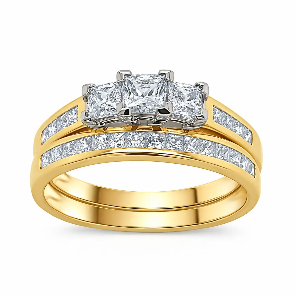 9ct Yellow Gold Cubic Zirconia Princess Cut Bridal Ring Set