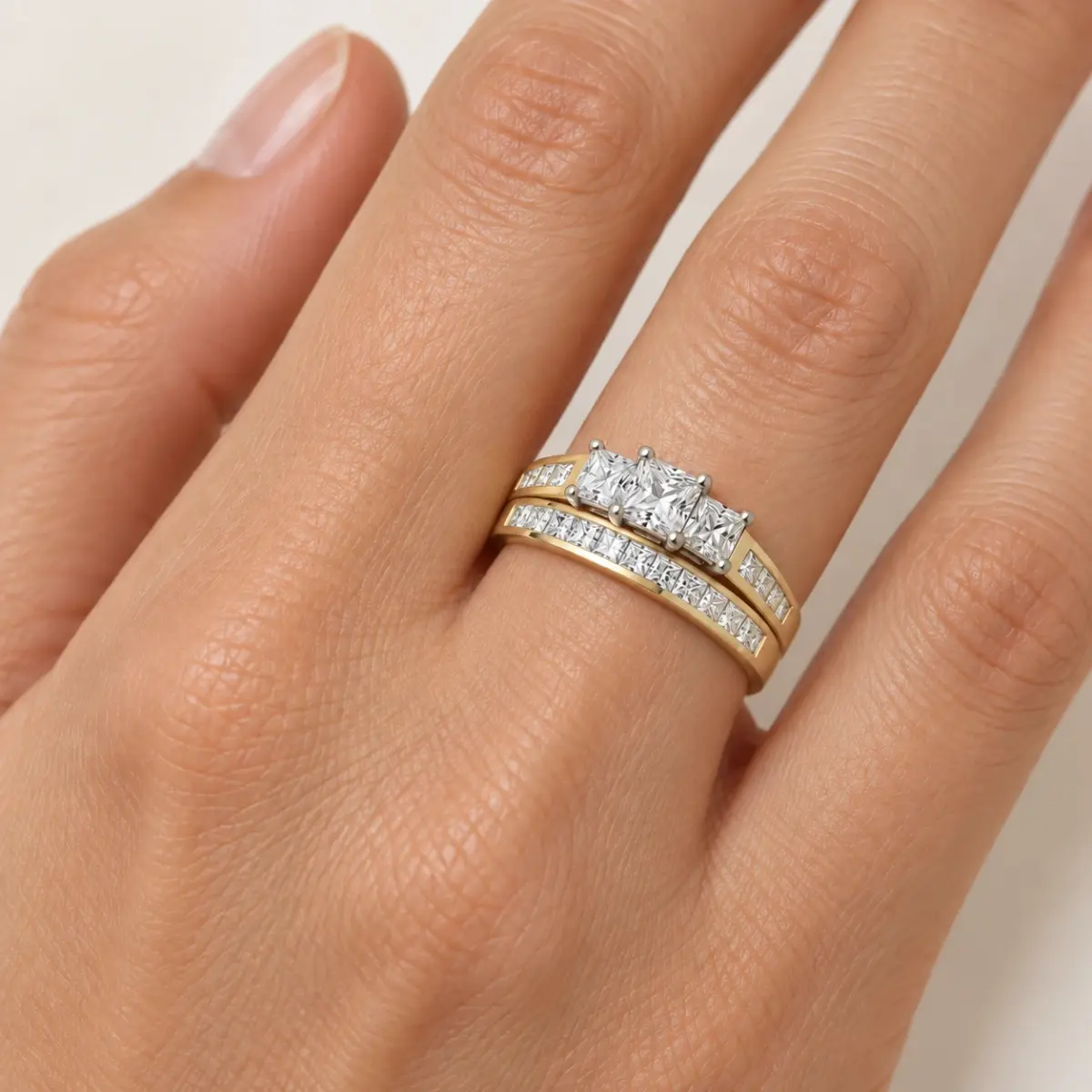9ct Yellow Gold Cubic Zirconia Princess Cut Bridal Ring Set