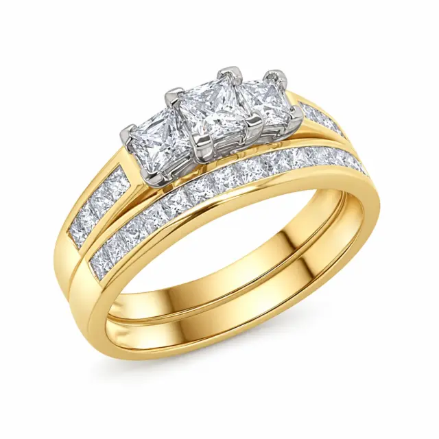 9ct Yellow Gold Cubic Zirconia Princess Cut Bridal Ring Set