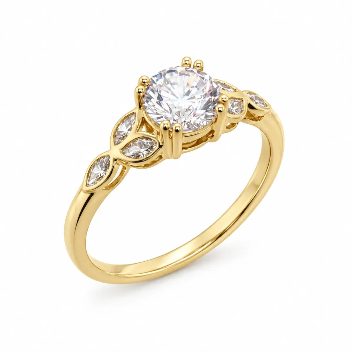 9ct Yellow Gold Cubic Zirconiac Engagement Ring Vintage Petal Vine Leaf Band