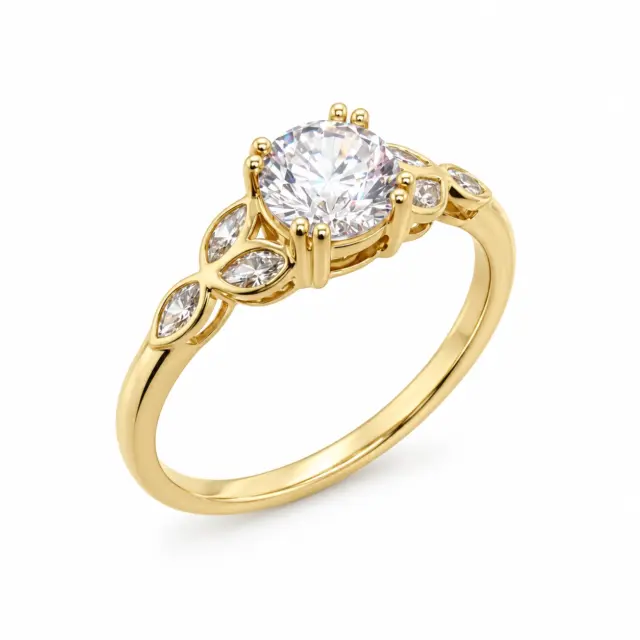 9ct Yellow Gold Cubic Zirconiac Engagement Ring Vintage Petal Vine Leaf Band