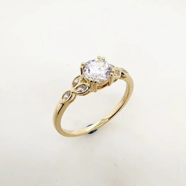 9ct Yellow Gold Cubic Zirconiac Engagement Ring Vintage Petal Vine Leaf Band
