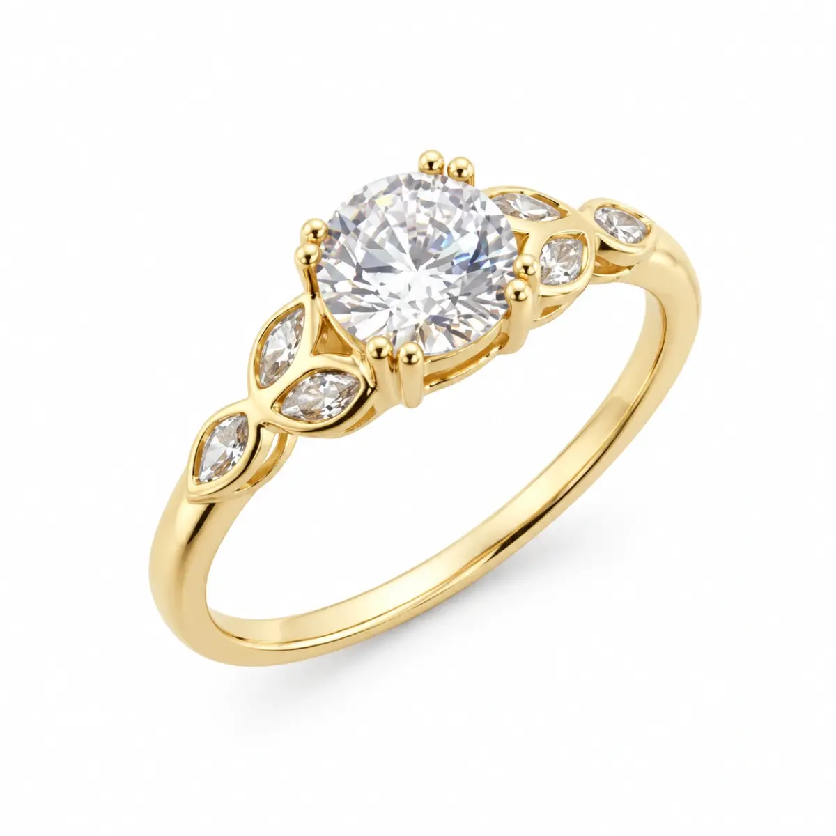 9ct Yellow Gold Cubic Zirconiac Engagement Ring Vintage Petal Vine Leaf Band