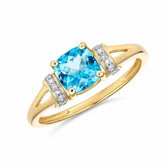 9ct Yellow Gold Cushion Cut Blue Topaz & Diamond Ring - R2014BTDC