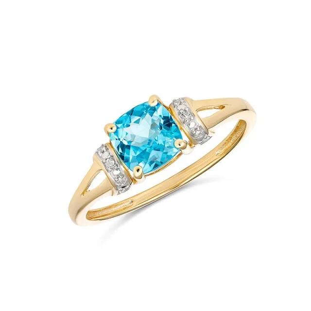 9ct Yellow Gold Cushion Cut Blue Topaz & Diamond Ring - R2014BTDC