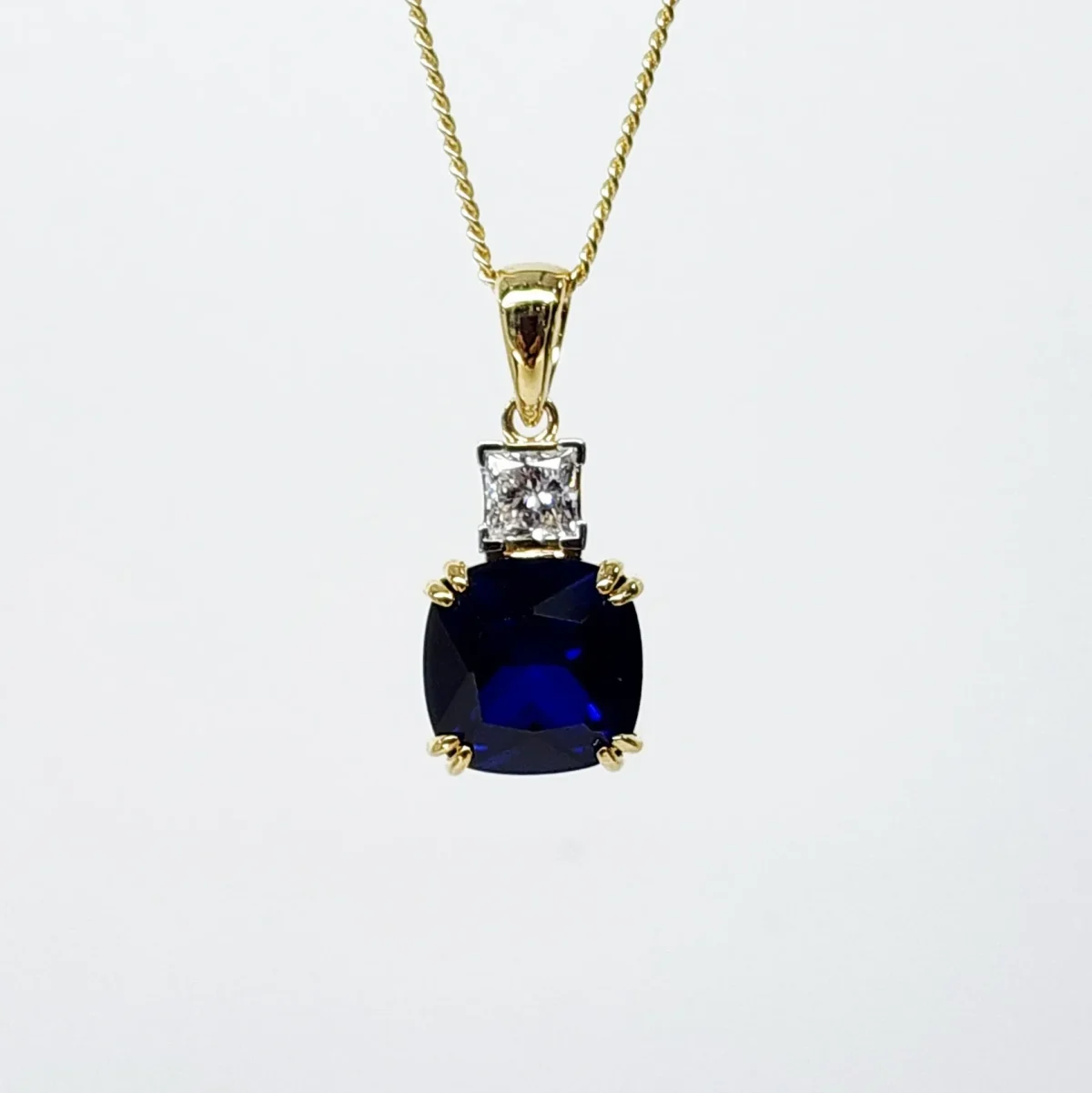 9ct Yellow Gold Cushion Cut Created Ceylon Sapphire and 0.33ct Princess Cut Lab Grown Diamond Pendant - D/A472PD-CCSLGD