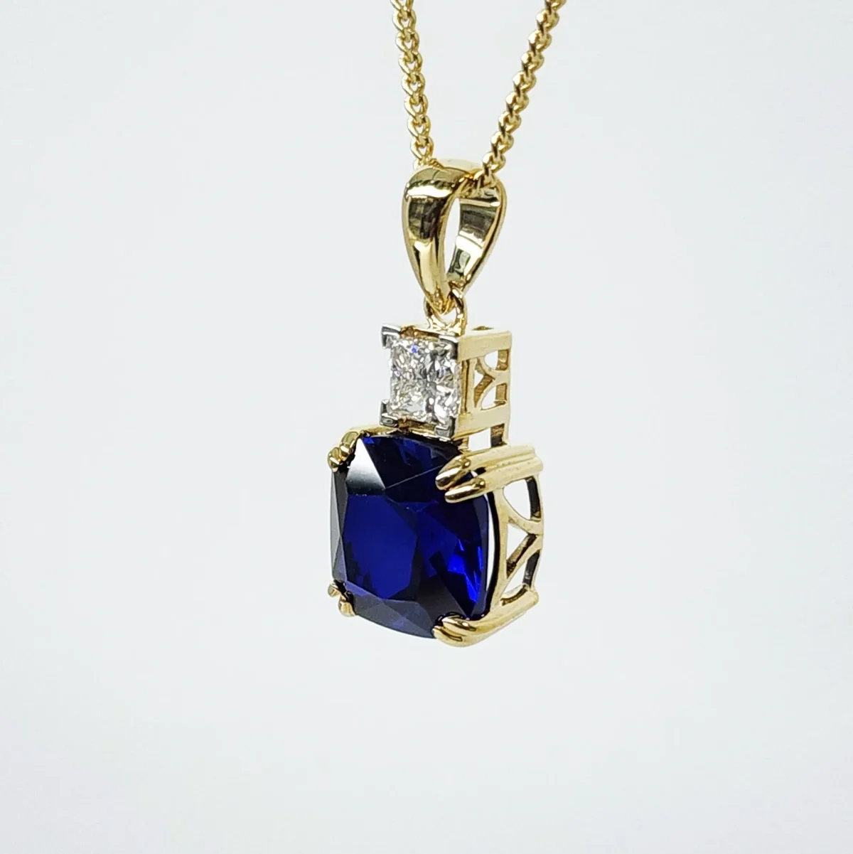 9ct Yellow Gold Cushion Cut Created Ceylon Sapphire and 0.33ct Princess Cut Lab Grown Diamond Pendant - D/A472PD-CCSLGD