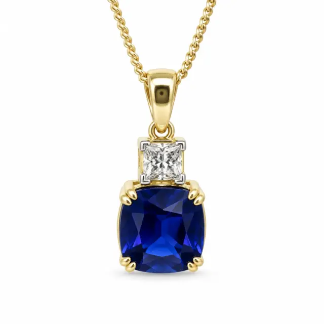 9ct Yellow Gold Cushion Cut Created Ceylon Sapphire and 0.33ct Princess Cut Lab Grown Diamond Pendant - D/A472PD-CCSLGD