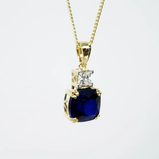 9ct Yellow Gold Cushion Cut Created Ceylon Sapphire and 0.33ct Princess Cut Lab Grown Diamond Pendant - D/A472PD-CCSLGD