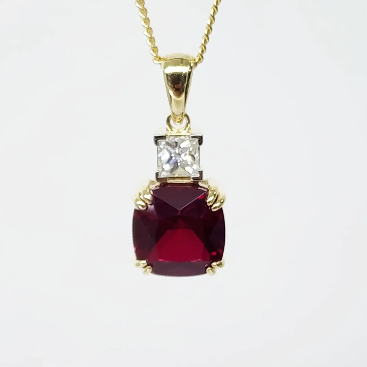 9ct Yellow Gold Cushion Cut Created Ruby and 0.32ct Princess Cut Lab Grown Diamond Pendant - D/A472PD-CRLGD