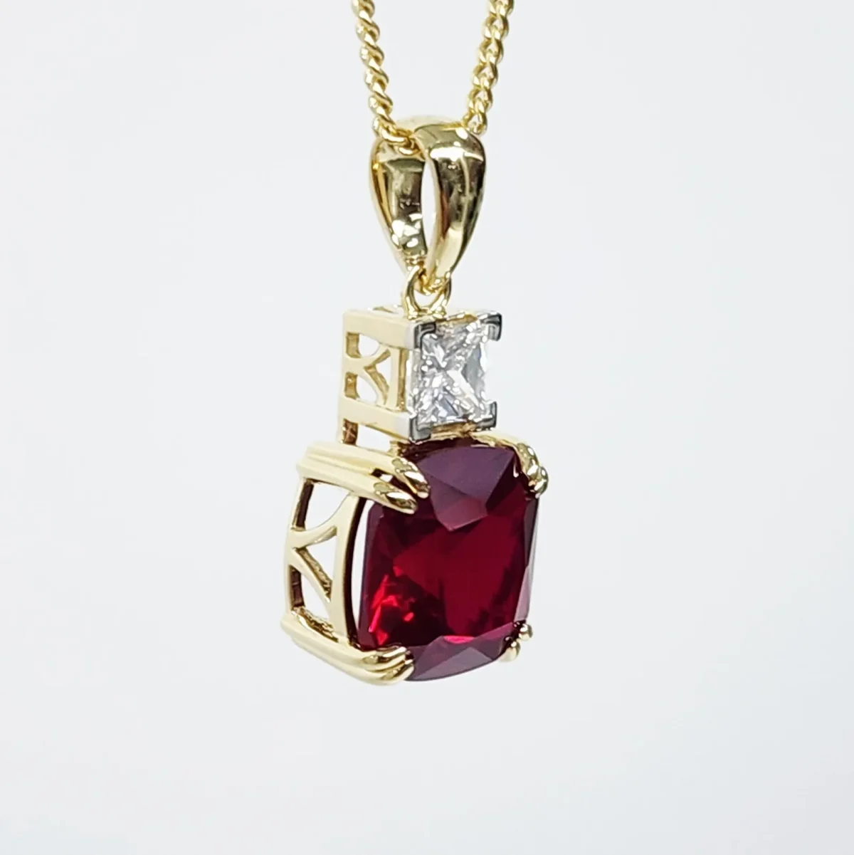 9ct Yellow Gold Cushion Cut Created Ruby and 0.32ct Princess Cut Lab Grown Diamond Pendant - D/A472PD-CRLGD