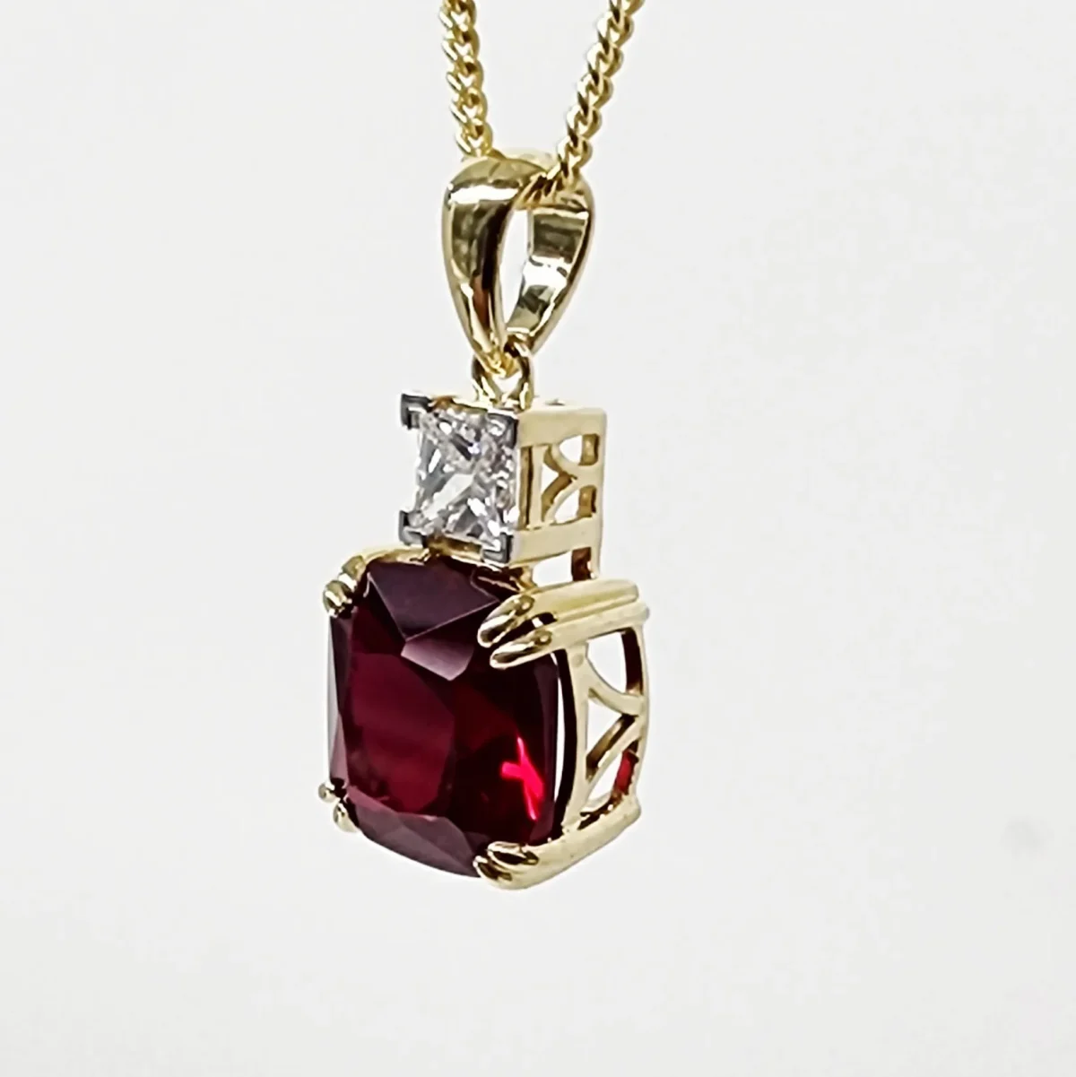 9ct Yellow Gold Cushion Cut Created Ruby and 0.32ct Princess Cut Lab Grown Diamond Pendant - D/A472PD-CRLGD