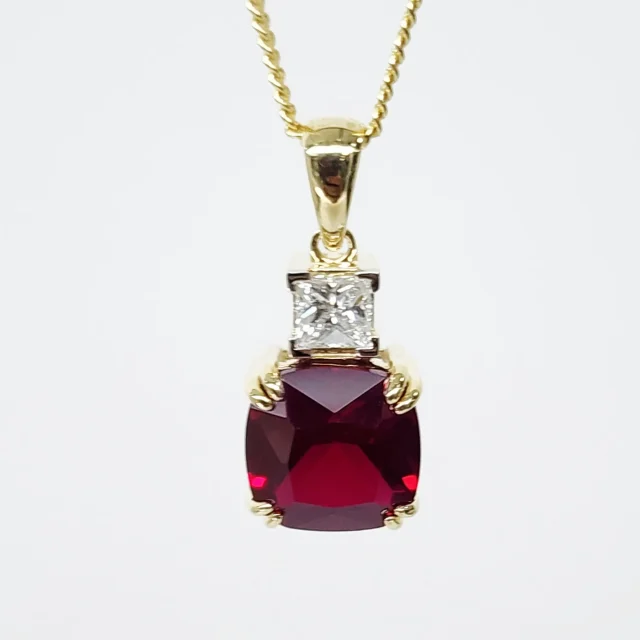 9ct Yellow Gold Cushion Cut Created Ruby and 0.32ct Princess Cut Lab Grown Diamond Pendant - D/A472PD-CRLGD