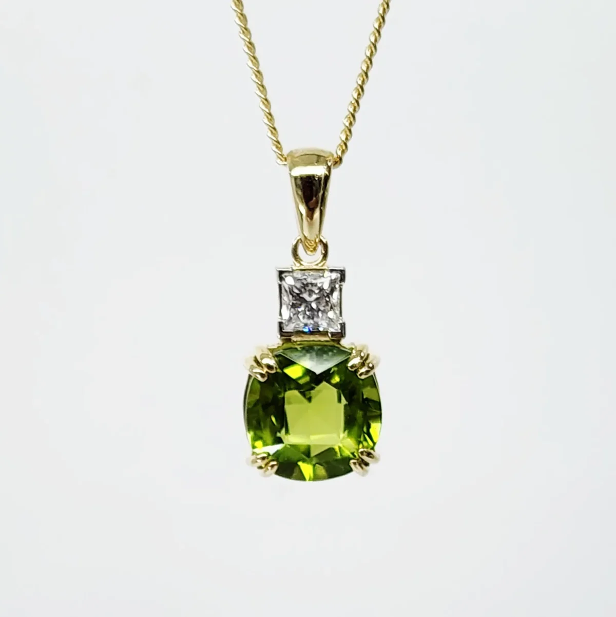 9ct Yellow Gold Cushion Cut Peridot and 0.34ct Princess Cut Lab Grown Diamond Pendant - D/A472PD-PERLGD