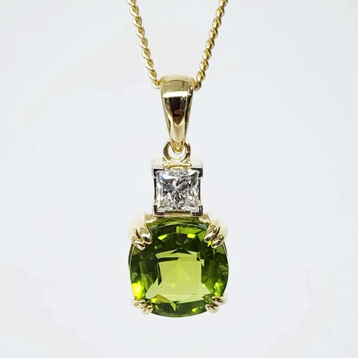 9ct Yellow Gold Cushion Cut Peridot and 0.34ct Princess Cut Lab Grown Diamond Pendant - D/A472PD-PERLGD