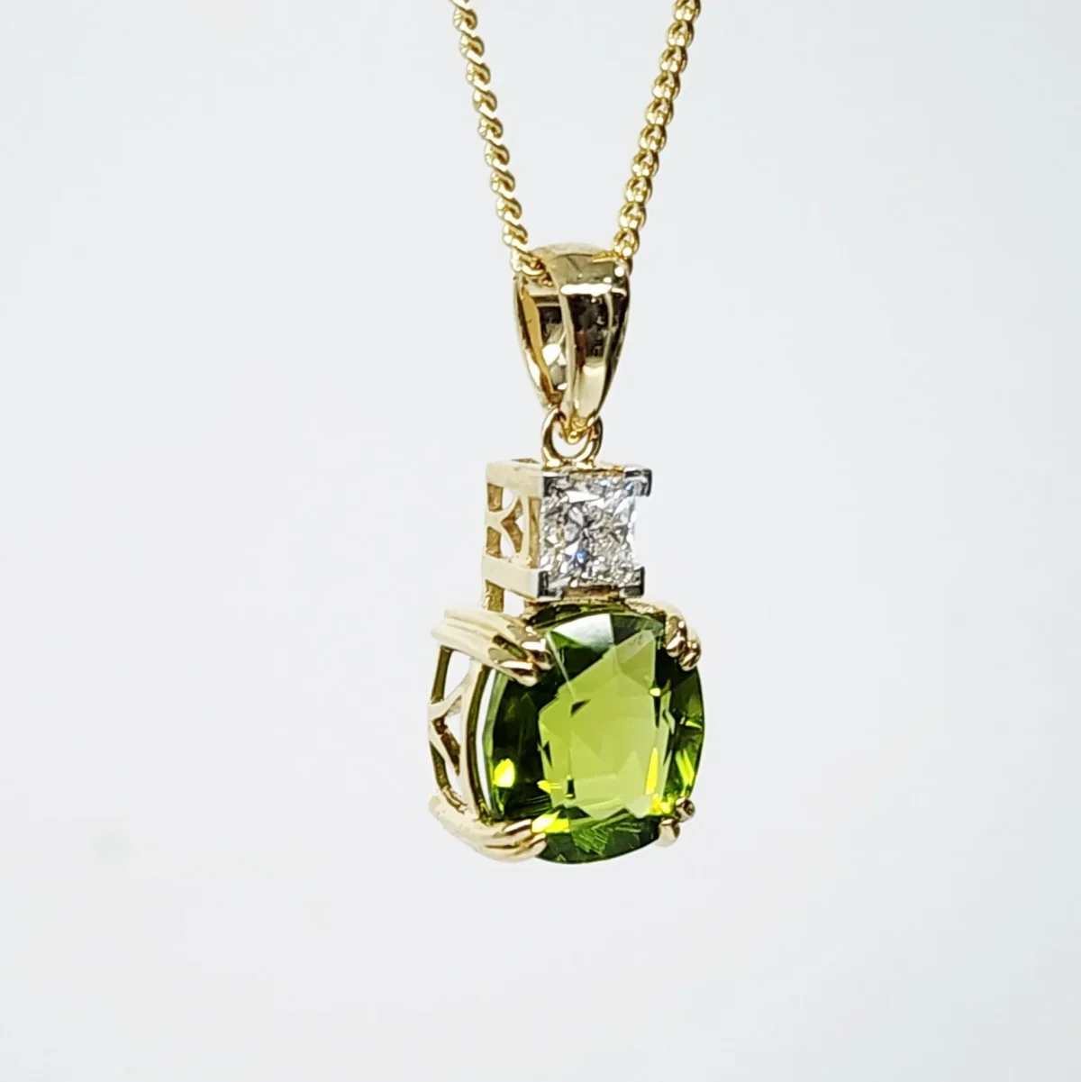 9ct Yellow Gold Cushion Cut Peridot and 0.34ct Princess Cut Lab Grown Diamond Pendant - D/A472PD-PERLGD