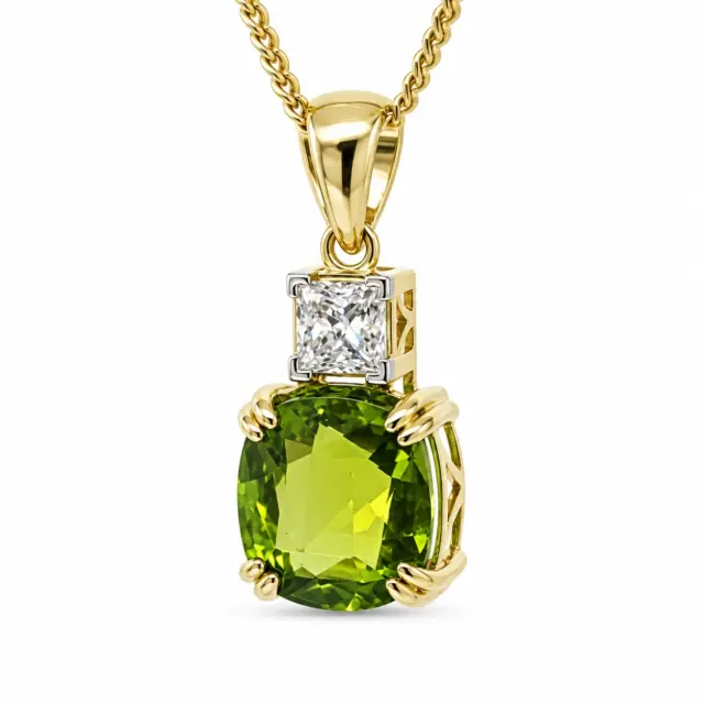 9ct Yellow Gold Cushion Cut Peridot and 0.34ct Princess Cut Lab Grown Diamond Pendant - D/A472PD-PERLGD
