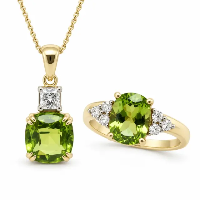9ct Yellow Gold Cushion-Cut Peridot Pendant & Peridot Trio Diamond Ring Set