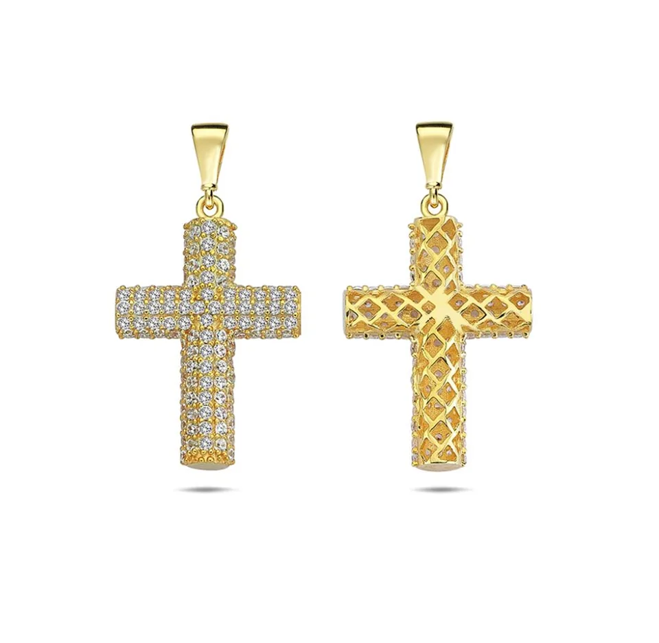 9ct Yellow Gold Cylinder Cross Pendant with CZ Front 14.70mm x 27.30mm