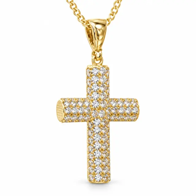 9ct Yellow Gold Cylinder Cross Pendant with CZ Front 14.70mm x 27.30mm