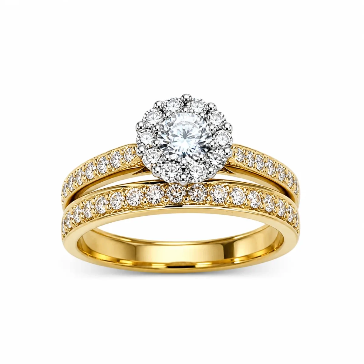 9ct Yellow Gold CZ Bridal Set – Halo Cluster Engagement Ring & Matching Wedding Band - 9CTD5487AB